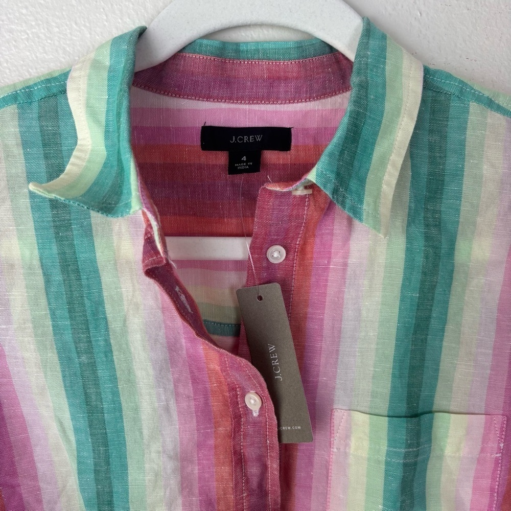J. Crew Classic-Fit Boy Shirt Rainbow Stripe Linen Blouse Women’s Sz 4 AJ424 NWT - Picture 2 of 6